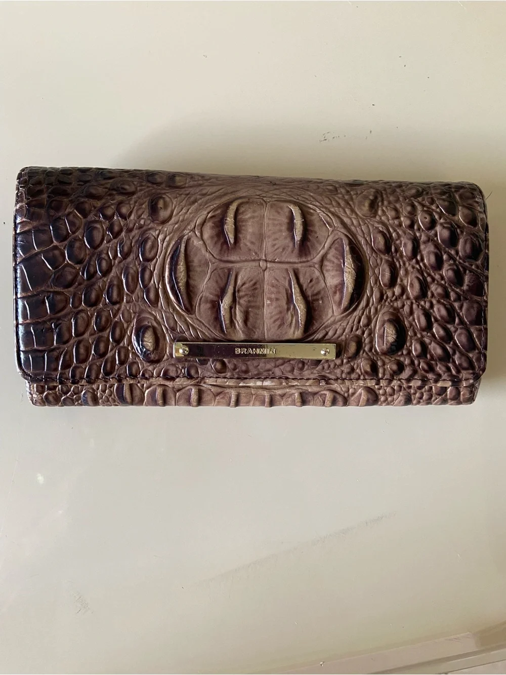 Brahmin Croc-Embossed Leather Card Holder in Dark Brown
